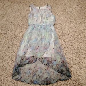 Tea length high low watercolor look dress